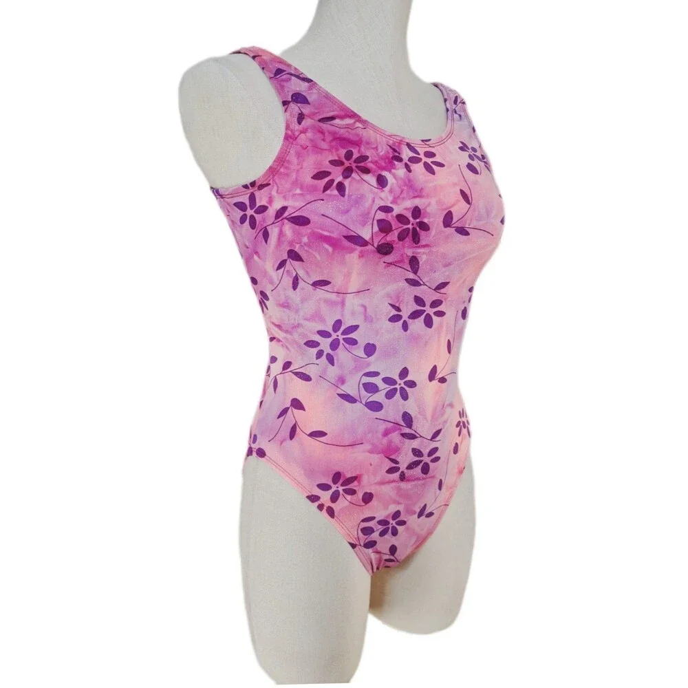 Satara VTG Asymmetric Cutout Glittered Floral Tank Leotard Size AL Pink Marble - Picture 5 of 16